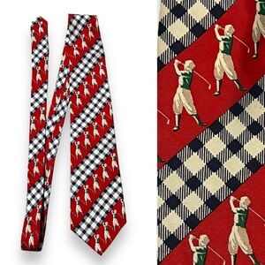 Vintage Nautica Tie 100% Silk Golfers Gingham Check Diagonal Stripe Red Preppy